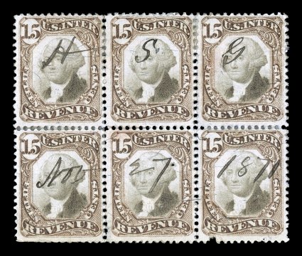 R139, 15c Brown and black, block of six (3x2), strong colors, 1871 ms. cancel, small faults, fine-very fine appearance only one larger multiple exists.
