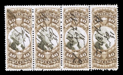 R141, 40c Brown and black, horizontal strip of four, uncharacteristically well centered, rich colors, 1872 ms. cancels, top left stamp with small thin, otherwise very fine
ex-Turner.