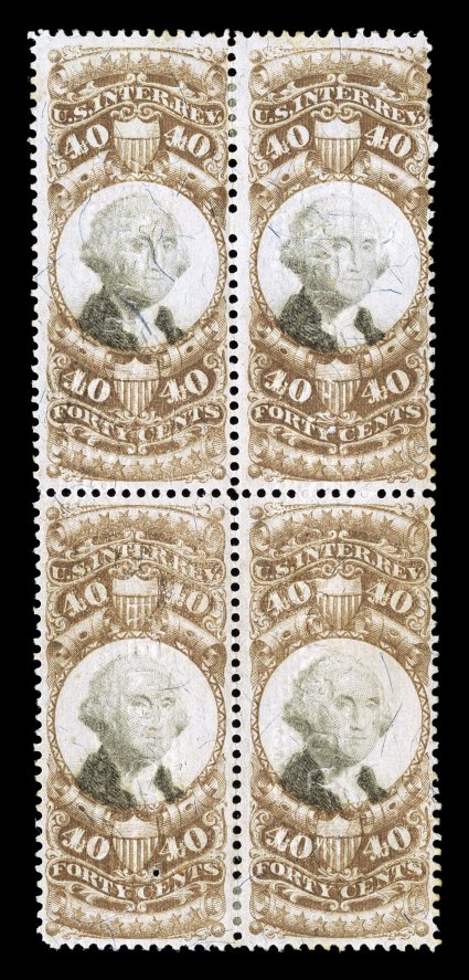 R141, 40c Brown and black, scarce block of four, fresh color, embossed cancel just breaks the paper in the top left stamp only, bottom right stamp with small thin, fine
appearance.