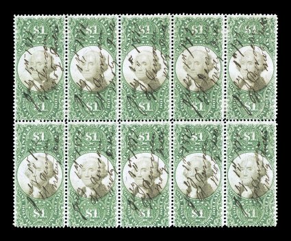 R144, $1.00 Green and black, block of ten (5x2), rich colors, 1872 ms. cancels, small flaws, fine appearance only two larger blocks are recorded ex-Turner.