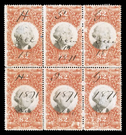 R145, $2.00 Vermilion and black, block of six (3x2), deep vibrant color, 1871 ms. cancels, minor imperfections, fine-very fine appearance this is the only recorded block of
six, with just one larger multiple known (block of eight) ex-Turner.
