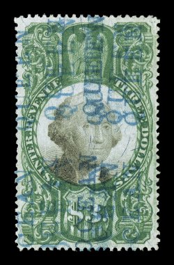 R147, $3.00 Green and black, outstanding centering, brilliant colors, cancelled by seven strikes of a blue OCEAN QUEEN handstamp of the Pacific Mail Steamship Co.,
insignificant corner crease at top left, otherwise an extremely fine example wi