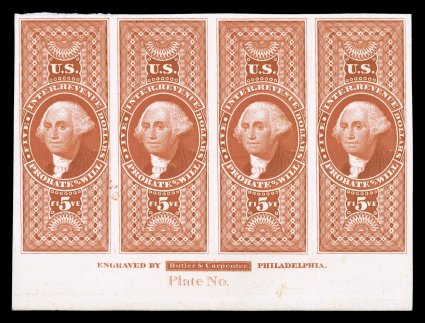 R92P4, $5.00 Probate of Will, plate proof on card, bottom margin imprint and blank Plate No. strip of four, deep vibrant color, large margins all around, very
fine.
