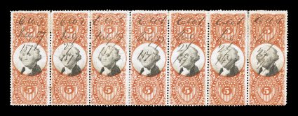 R148, $5.00 Vermilion and black, horizontal strip of seven, deep rich colors, 1872 ms. cancels, some perf. reinforcements and a couple light creases, fine appearance only three
larger multiples exist.