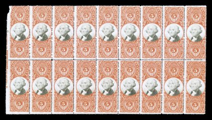 R148, $5.00 Vermilion and black, mint block of eighteen (9x2), with a portion of the imprint and plate number captured in the left margin, wonderfully fresh, with glorious rich
colors, full o.g., minor hinge reinforcements, top left stamp fa