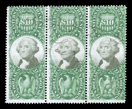 R149, $10.00 Green and black, horizontal strip of three, bright colors, unusually light and unobtrusive ms. cancel, fine.