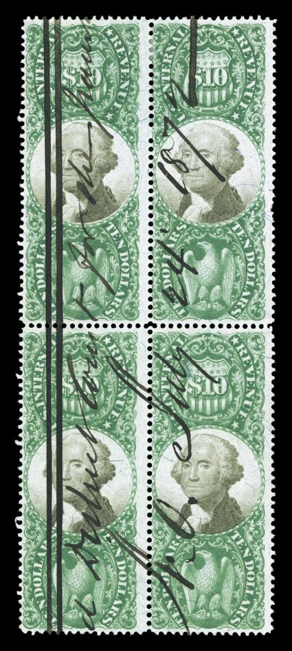 R149, $10.00 Green and black, block of four, deeply rich colors, 1872 ms. cancel, small perf. fault at right of top right stamp, otherwise fine one of only two blocks of four
known, which is the largest recorded multiple ex-Eagle, Turner