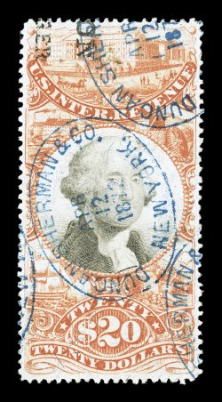 R150, $20.00 Orange and black, an exceptionally choice used example, being marvelously well centered, rich colors, neatly struck 1872 blue oval handstamps of Duncan & Sherman
Co., New York, extremely fine.