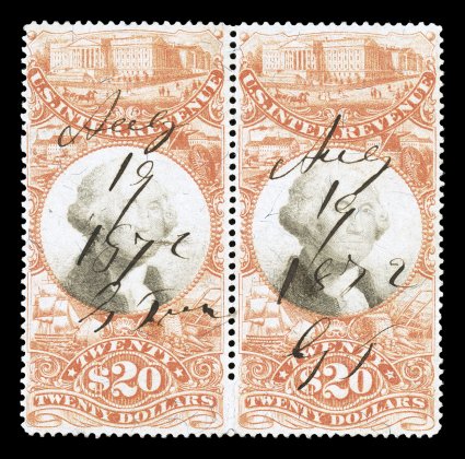 R150, $20.00 Orange and black, horizontal pair, attractive colors, 1872 ms. cancels, right stamp with a thin, fine-very fine appearance.