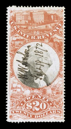 R150a, $20.00 Vermilion, error of color, well centered within uncommonly large margins, bright fresh color, 1872 ms. cancel, a very fine example of this scarce color error
ex-Turner.
