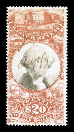 R150a, $20.00 Vermilion, error of color, brilliantly rich colors, small 1872 ms. cancel, quite fresh and fine.