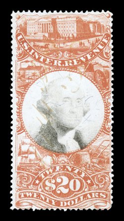R150a, $20.00 Vermilion, error of color, deep vibrant color and a vivid impression, very light ms. cancel, fine.