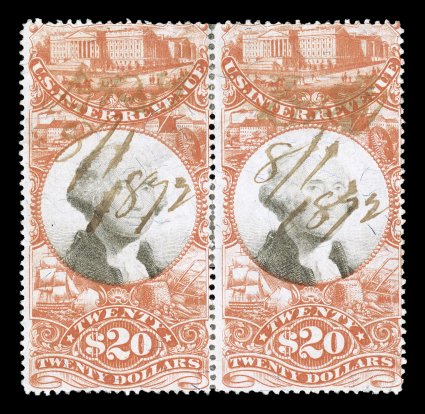 R150a, $20.00 Vermilion, error of color, horizontal pair, strong colors, 1872 ms. cancels, small faults, some reinforcements of separated perfs., fine appearance an important
Third Issue rarity, being the only recorded multiple of any size of