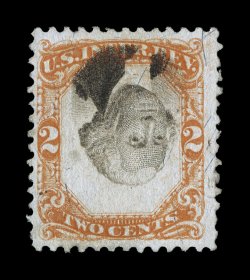 R135b, 2c Orange and black, Inverted Center, with the central vignette shifted strongly to the top, attractive colors, faintly cancelled, small crease at bottom right, fine
appearance a striking combination of an inverted center and vignett
