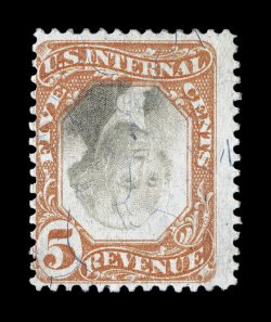 R137a, 5c Orange and black, Inverted Center, appears uncancelled, warm color, microscopic thin speck, a fine example of this rare error, with only about twenty examples
recorded.