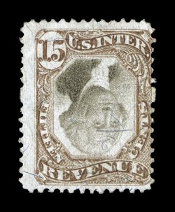 R139a, 15c Brown and black, Inverted Center, attractive colors, centered to the right, faint cancel, small thin and corner crease at top left, fine appearance a highly
collectable example of this inverted center, being one of less than twenty