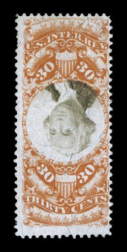 R140a, 30c Orange and black, Inverted Center, bright colors, very small cut cancel, tiny thin speck at top, overall a fine example of this rare invert.