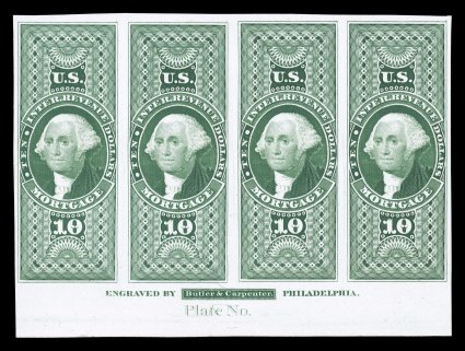 R95P4, $10.00 Mortgage, plate proof on card, bottom margin imprint and blank Plate No. strip of four, brilliant color, large margins, very fine.