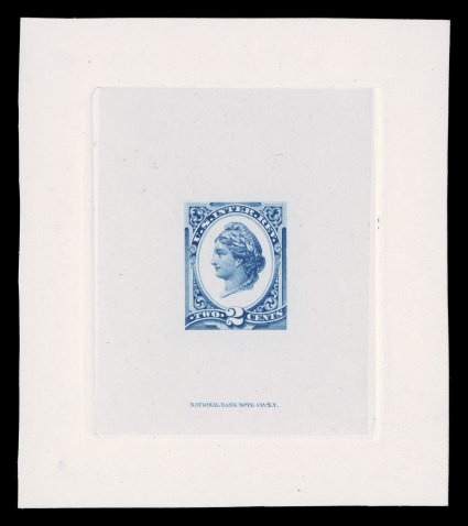 R152P1, 2c Blue Liberty, large die proof on India, die sunk on 76x87mm card, incredibly bright and fresh, extremely fine a pristine example of this elusive
proof.