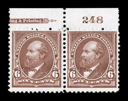 271a, 6c Dull brown, watermarked USIR in error, top margin partial imprint and plate no. 248 pair, with both stamps showing a clear part of the R, sumptuously rich color,
nicely centered for this notoriously difficult error, fresh clean o.g.