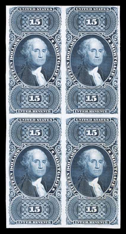 R97P4, $15.00 Mortgage, plate proof on card, block of four, deeply rich color, full to mostly large margins all around, very fine and scarce.