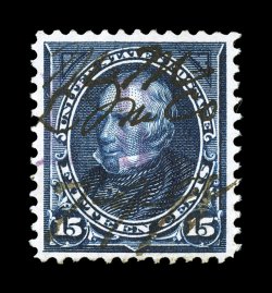 R158, 15c Dark blue, magenta I.R. provisional handstamped overprint, of the Michigan Mutual Life Insurance Co., with their July 12 (1898) ms. cancel, not only is it exceedingly
well centered within large margins, but it also lacks the faults t