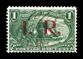 R158A, 1c Dark yellow green, Chapman provisional overprint, an impressive appearing used example of this provisional, of which only 250 were originally produced with government
approval, for the private use by the Chapman Steamboat Line, which
