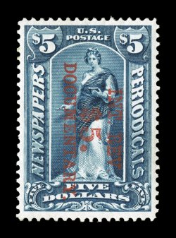 R159, $5.00 Surcharge on $5.00 Dark blue, overprint reading down, an exceptional quality mint single, marvelously well centered within large margins, deep color and a sharp
detailed impression, o.g., relatively lightly hinged, extremely fine ac