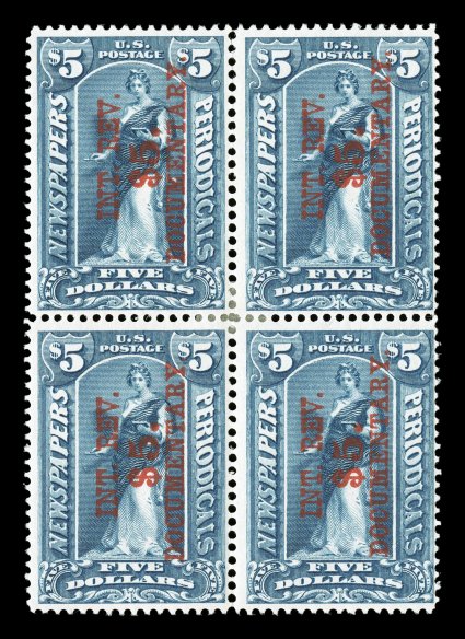 R160, $5.00 Surcharge on $5.00 Dark blue, overprint reading up, fresh mint block of four, deep rich color, fresh o.g., small central h.r., fine undercataloged in Scott, as this
is the only mint block recorded in the Curtis census.