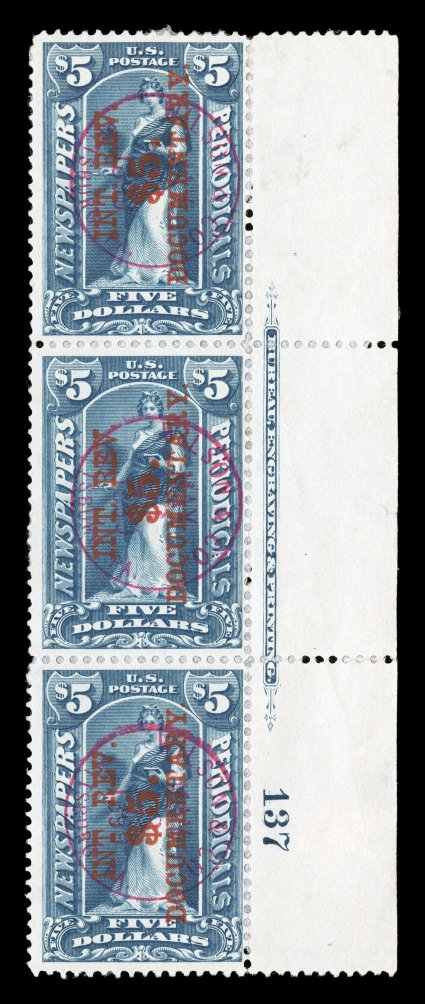 R160, $5.00 Surcharge on $5.00 Dark blue, overprint reading up, used right margin imprint and plate no. 137 strip of three, with large sheet-selvage, largely affixed to the
original backing, bright color, light 1899 red c.d.s. handstamps of