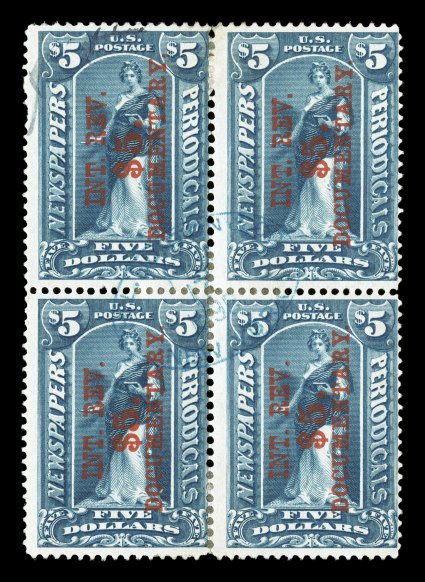 R160, $5.00 Surcharge on $5.00 Dark blue, overprint reading up, rare used block of four, brilliantly rich color, light blue oval handstamped cancel and a light ms. at top left,
the top left stamp with small thin, otherwise fine only three