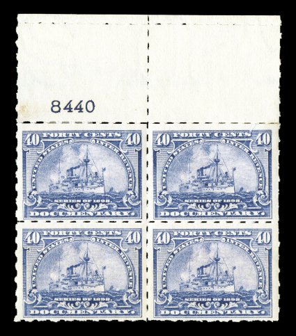 R170p, 40c Blue lilac, hyphen hole perf. 7, top margin plate no. 8440 block of four, strong rich color, full o.g., small tear in the top right stamp, very fine appearance this
is the only recorded mint block according to the Curtis census.