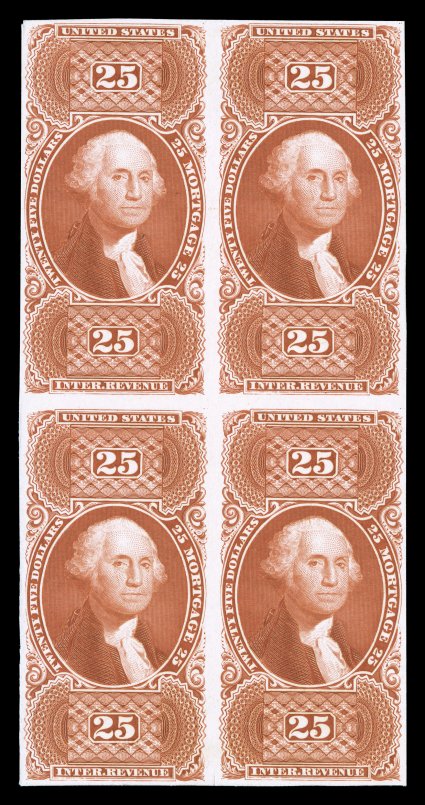 R100P4, $25.00 Mortgage, plate proof on card, block of four, vibrant color, full even margins, tiny scissor cut between bottom stamps, very fine ex-Joyce.