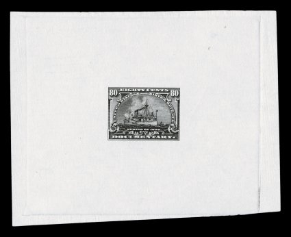 R172TC1, 80c Black Battleship large die trial color proof on India, 98x77mm, with die sinkage, exceedingly fresh, essentially sound with only the barest trace of a hinge thin
present, very fine an especially rare proof, with this value not list