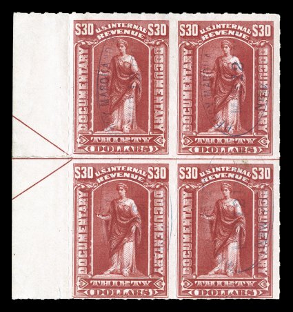 R177, $30.00 Red, roulette 5 12, used left margin arrow block of four, deep intense color and impression, light blue oval handstamped cancels, bottom left stamp may have a tiny
trace of a thin speck, fine-very fine a rare block that is t