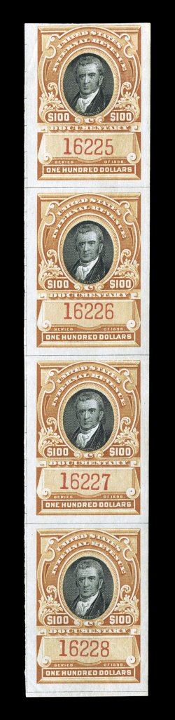 R179, $100.00 Yellow brown and black, complete vertical strip of four, rich colors, part o.g., faint horizontal crease in third stamp, small crease at top left, fine-very fine
appearance only one other strip of four is recorded (and that on