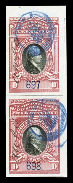 R180, $500.00 Carmine lake and black, used vertical pair, large margins, strong bright color, blue c.d.s. handstamped cancels, bottom stamp with a tiny thin speck, otherwise
very fine any multiple of this stamp is scarce.