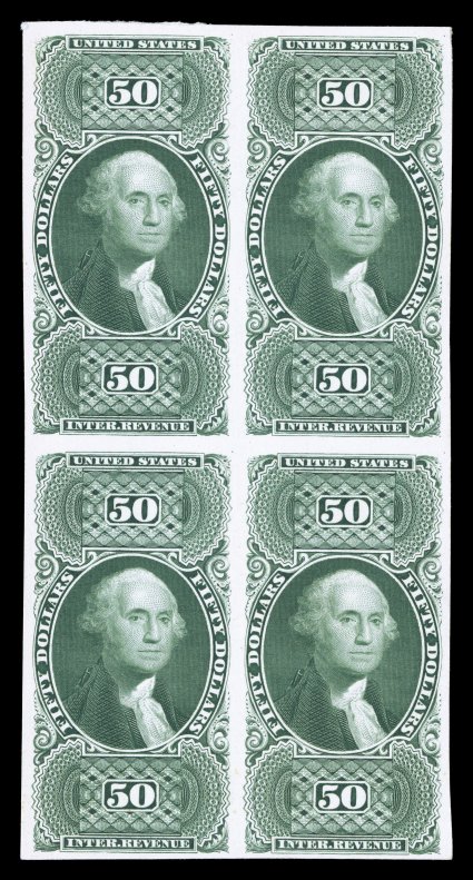 R101P4, $50.00 U.S.I.R., plate proof on card, block of four, exceptionally bright and fresh, large margins all around, very fine and handsome.