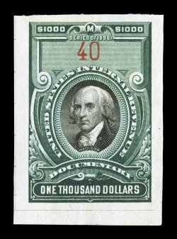 R181, $1,000.00 Green and black, unused, large margins, deeply rich colors, miniscule thin speck, otherwise a very fine example of this scarce revenue.