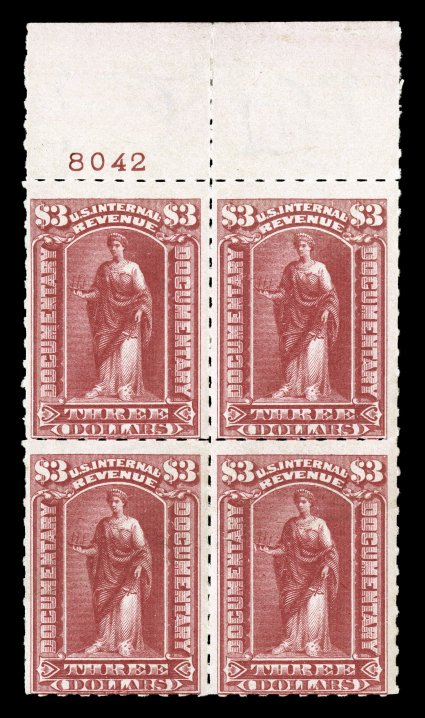 R183, $3.00 Lake, top margin plate no. 8042 block of four, brilliantly rich color, fresh o.g., lightly hinged, fine a very scarce block, especially with a plate
number.