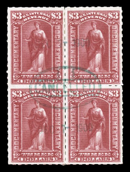 R183, $3.00 Lake, a most attractive used block of four, excellent centering, rich luxuriant color, centrally struck blue oval handstamped cancel, some of the original document
still adheres to the back, very fine.