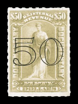 R189, 50 Surcharge on $50.00 Gray, rouletted, unused, exceptionally well centered, full roulettes all around, very fine a scarce unused stamp.