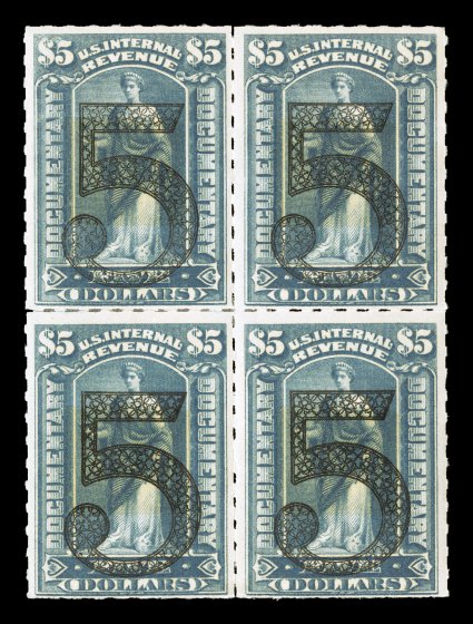 R192, 5 Surcharge on $5.00 Green, rare mint block of four, rich color, o.g., small bit of gum missing from top left stamp, fine only a handful of mint blocks are known
cataloged as singles.