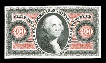 R102TC, $200.00 U.S.I.R Black and red trial color proof on card, a beautiful example of this exceedingly rare trial color proof, large margins all around, marvelously bright and
fresh, just a faint hint of a hinge thin, otherwise very fine and c