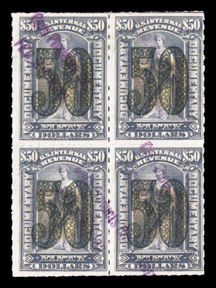 R194, $50.00 Green, used block of four, with light cut cancels as well as violet handstamps, color just slightly changed into a gray shade, fine a very scarce
block.