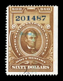 R283, $60.00 Brown, handstamped Series 1940 in green, rich fresh color, small ms. cancel at bottom and without the usual cut or perf. initial cancel, fine a scarce and key
value.