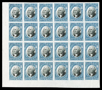RB3TC, 3c Blue and black trial color proof on bond, bottom left corner margin block of 24 (6x4), rich bright colors, full original gum, all but one stamp n.h., trivial corner
crease in the bottom left of selvage only, very fine and a handsome sh