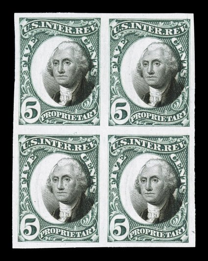 RB5P3 var., 5c Green and black, plate proof on India, center vignette misplaced, block of four with the black vignette strongly shifted to the right, being well into the green
design of the frame, large even margins, very fine a most unusual an