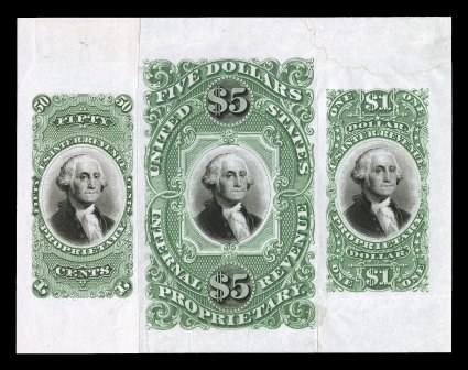 Turner Essay 120 var., 50c, $1.00 and $5.00 Proprietary, composite plate essay, similar to Essay 120 except the 50c is not original to the composite, light creasing, small
vertical tear between right stamps at bottom, faint stain at top right, ve