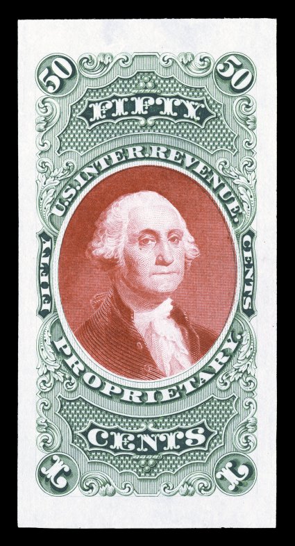 RB8TC, 50c Green and brown red, trial color die proof on India, very scarce trial color in stamp size with exceptionally large and even margins all around, brilliant colors,
faint thin spot and a small tear in the bottom margin, choice very fine